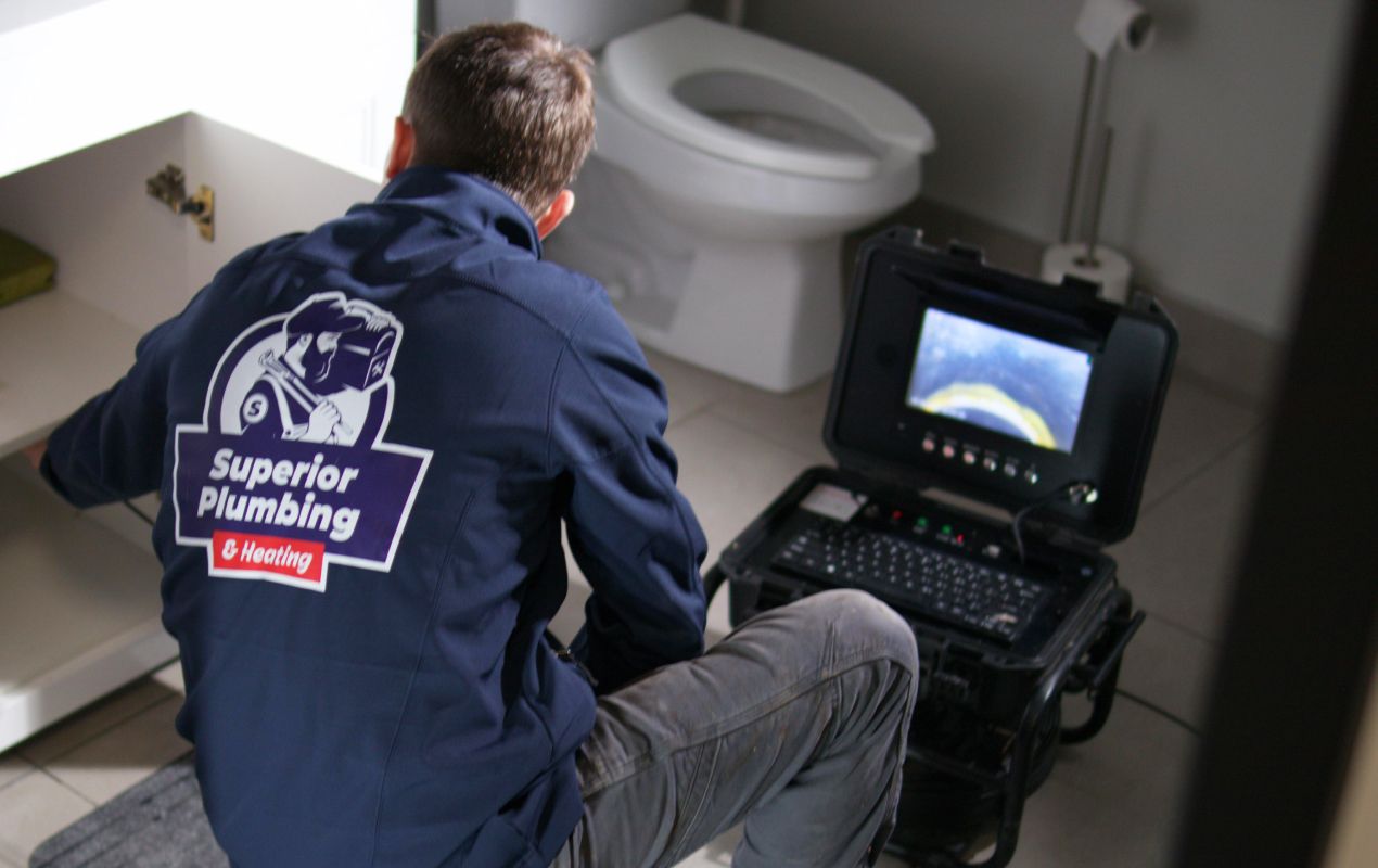 Superior Plumbing & Heating technician using video diagnostics for Drain Cleaning local service.