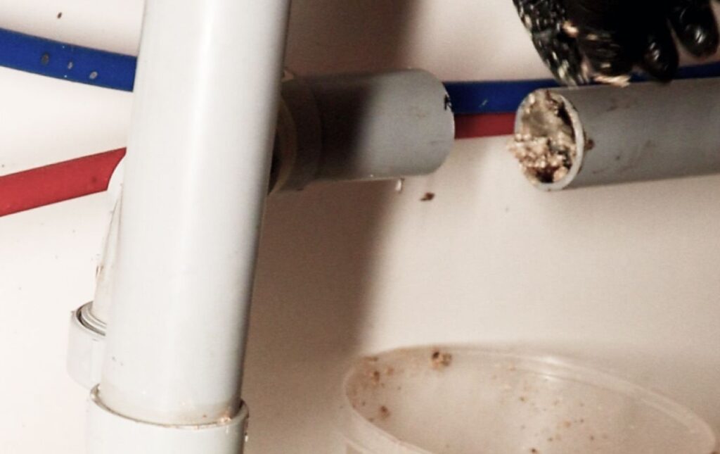 Close-up of pipe debris removed during a Drain Cleaning local service by Superior Plumbing & Heating.