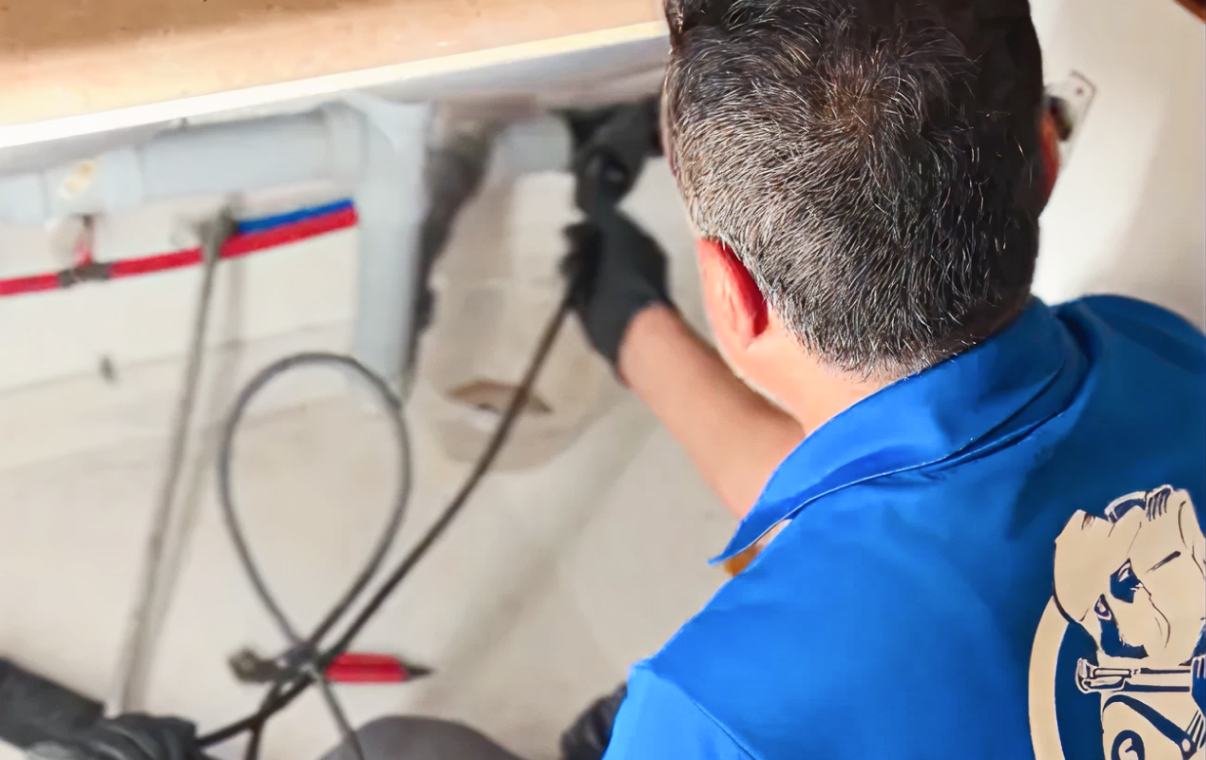 Superior Plumbing & Heating technician performing Drain Cleaning local under a kitchen sink.
