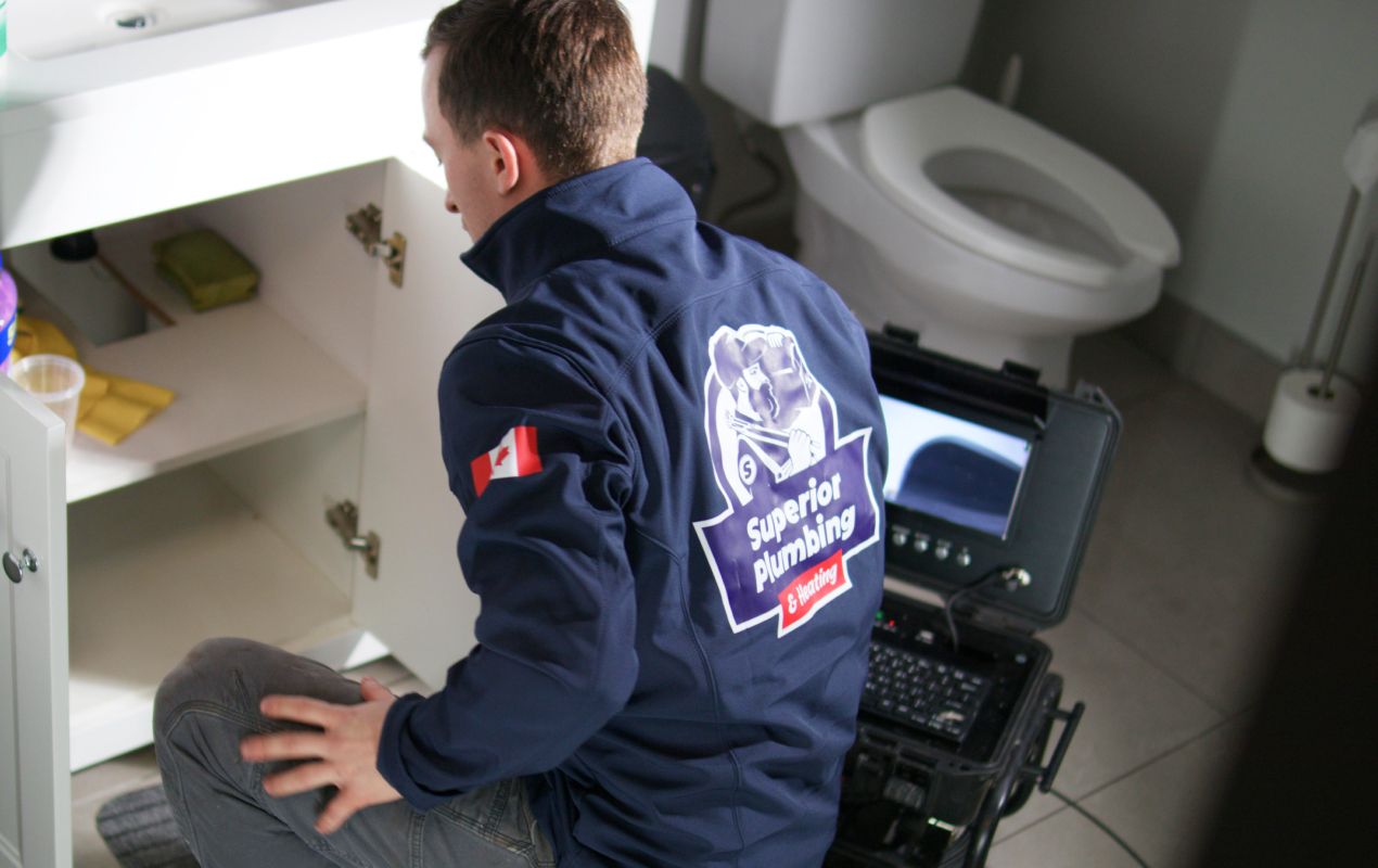 Superior Plumbing & Heating specialist checking pipes during a Drain Cleaning local diagnostic.