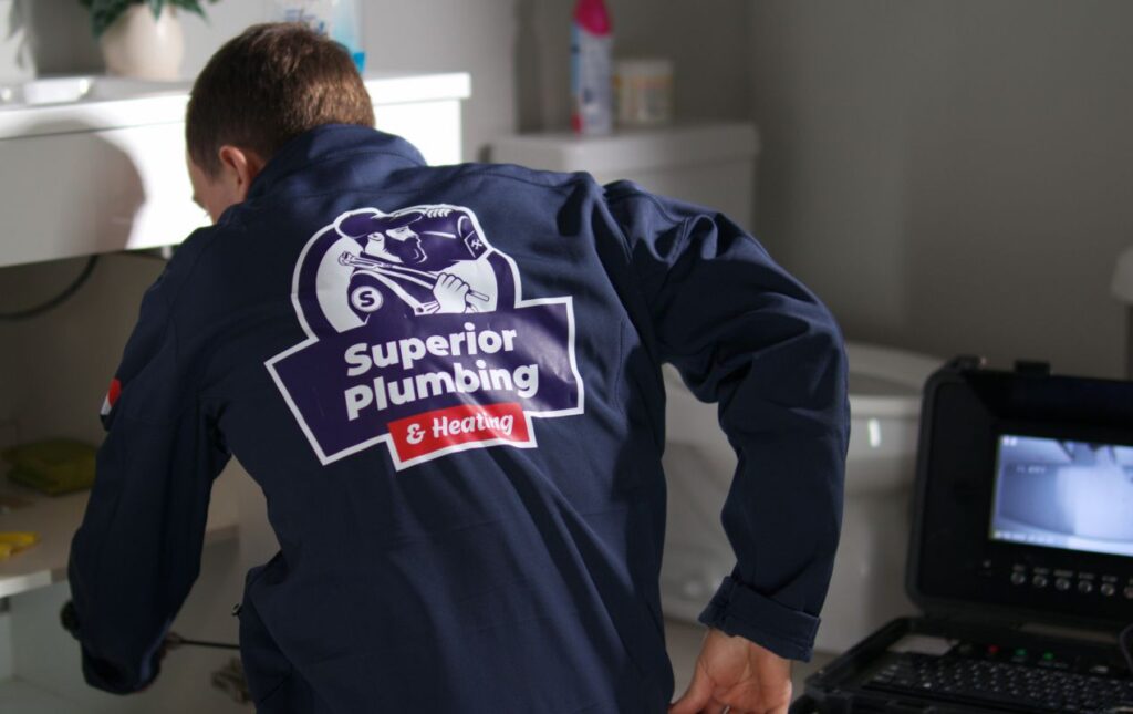 Superior Plumbing & Heating technician performing professional Drain Cleaning local in a bathroom.