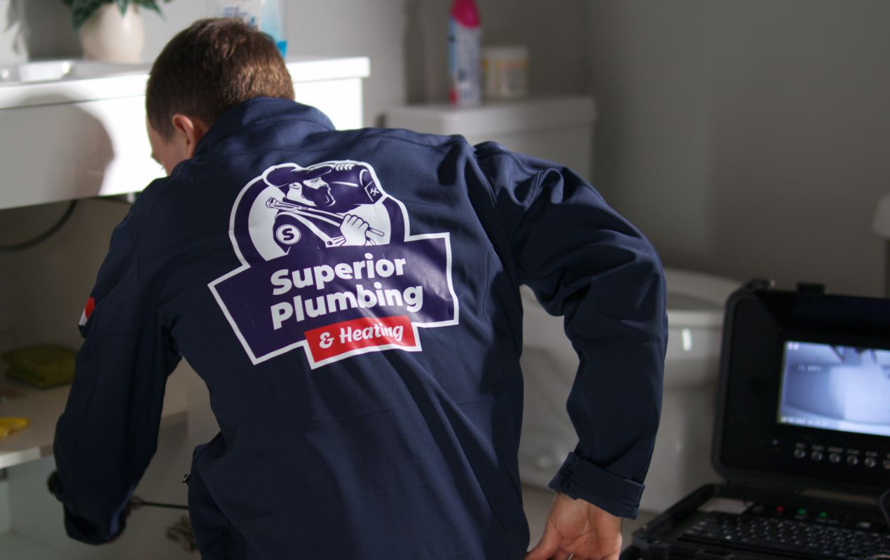 Superior Plumbing & Heating technician performing professional Drain Cleaning local in a bathroom.