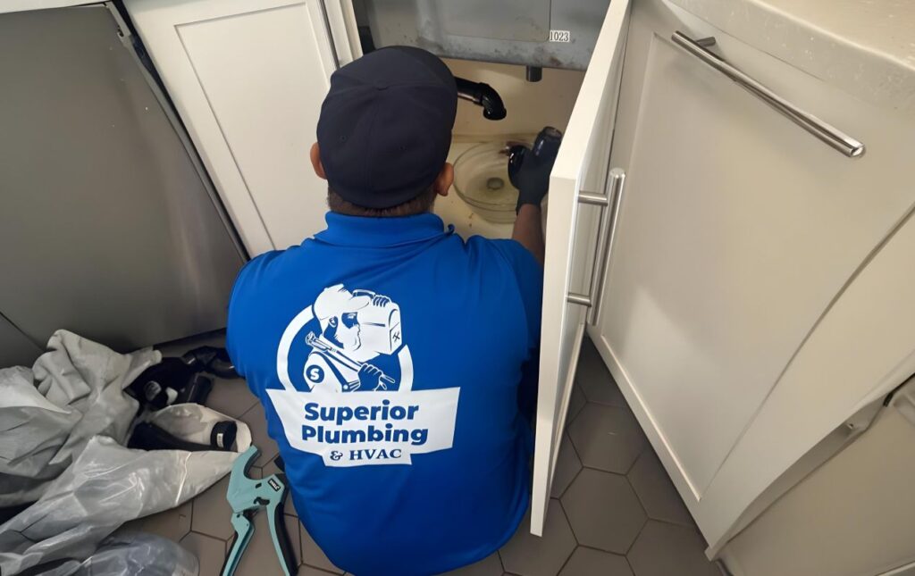 Superior Plumbing & Heating specialist working under sink for Drain Cleaning local.