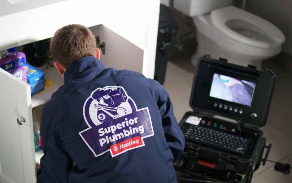 Superior Plumbing & Heating tech using a sewer camera for Drain Cleaning local service.