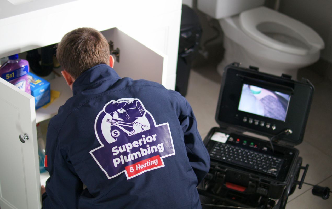 Superior Plumbing & Heating tech using a sewer camera for Drain Cleaning local service.