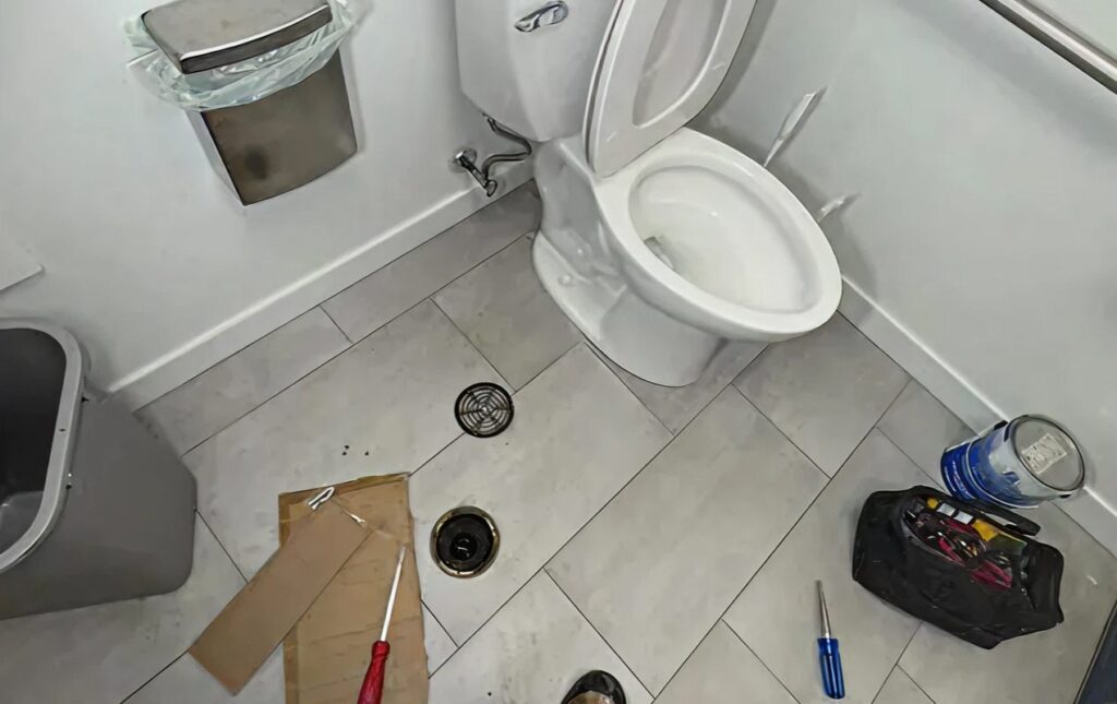 Toilet repair service by Superior Plumbing & Heating repairing toilet drain and flange area during professional bathroom service
