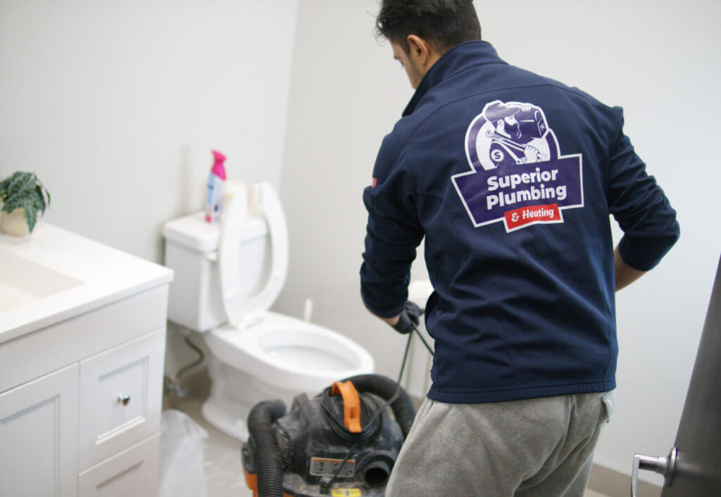 Expert Superior Plumbing & Heating plumber performing professional toilet drain cleaning and repair in a residential bathroom