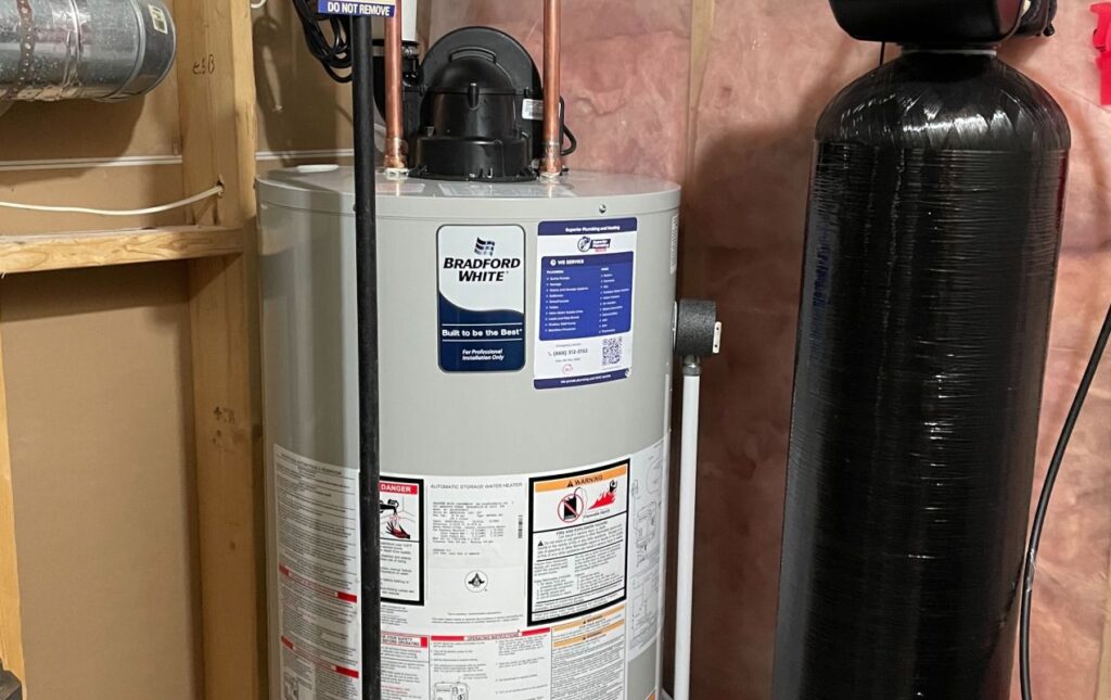 Superior Plumbing & Heating professional Water Heater Installation of a Bradford White tank in a residential basement