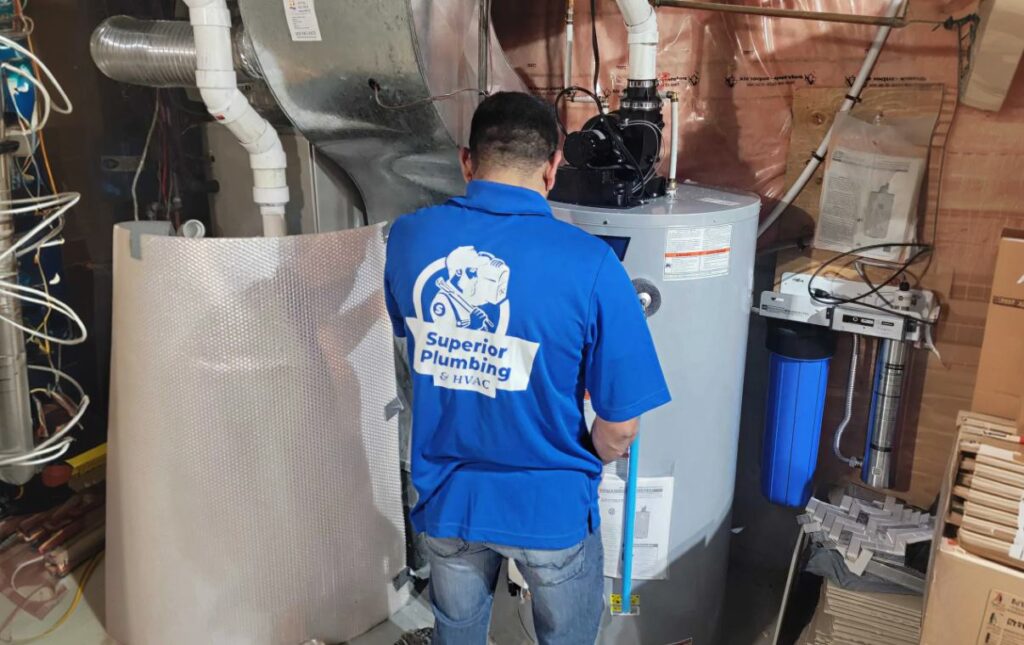 Superior Plumbing & Heating technician performing a professional Water Heater Installation in a residential basement