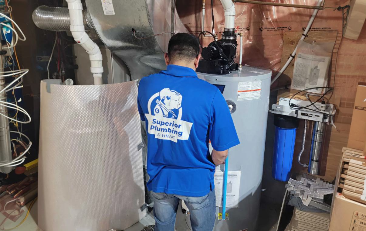 Superior Plumbing & Heating technician performing a professional Water Heater Installation in a residential basement