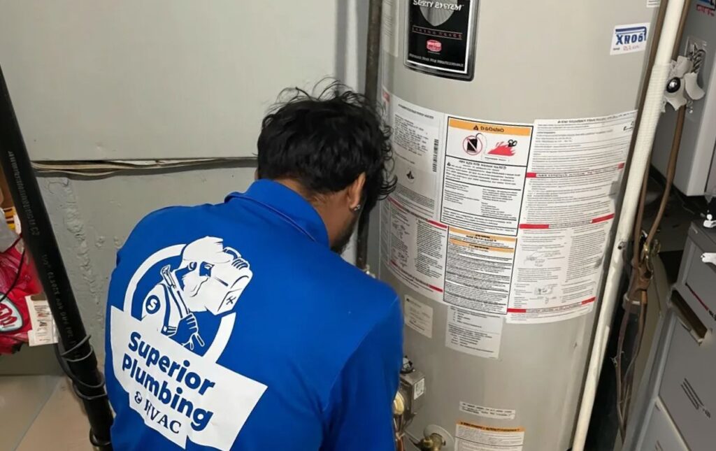Superior Plumbing & Heating technician performing professional Water Heater Installation on a gas tank in a basement