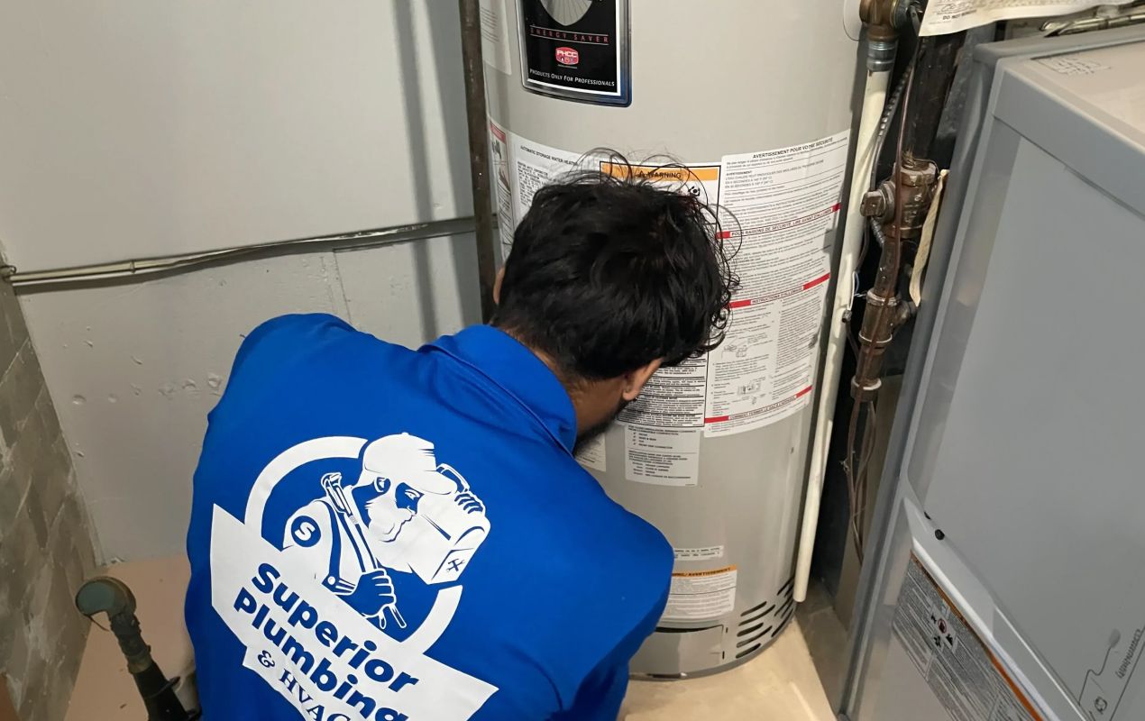 Superior Plumbing & Heating technician performing professional Water Heater Installation on a gas tank in a basement