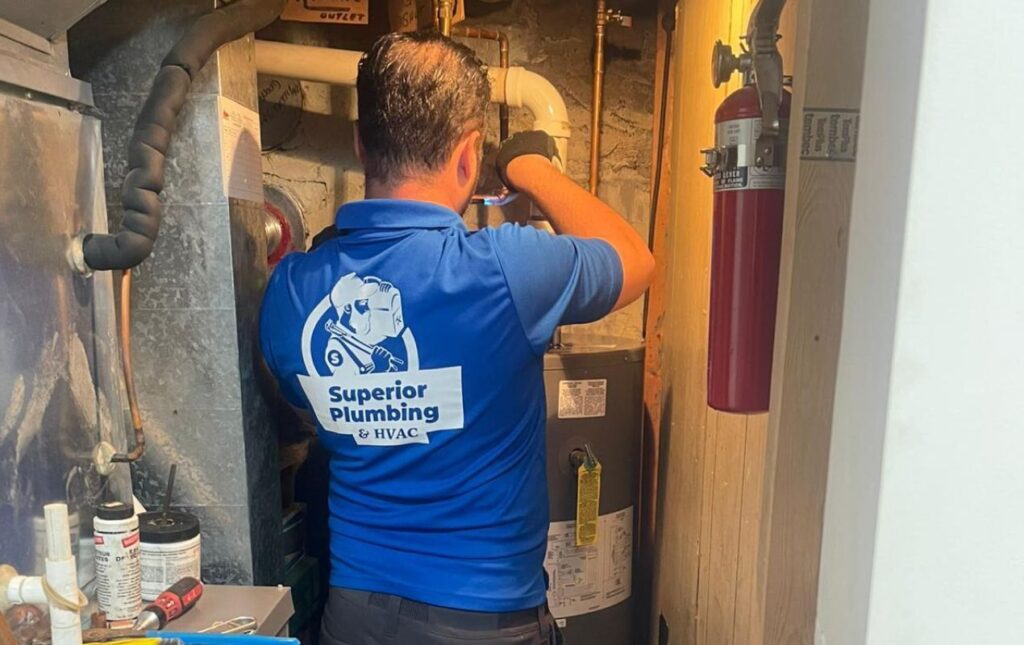 Superior Plumbing & Heating technician performing professional Water Heater Installation in a residential basement