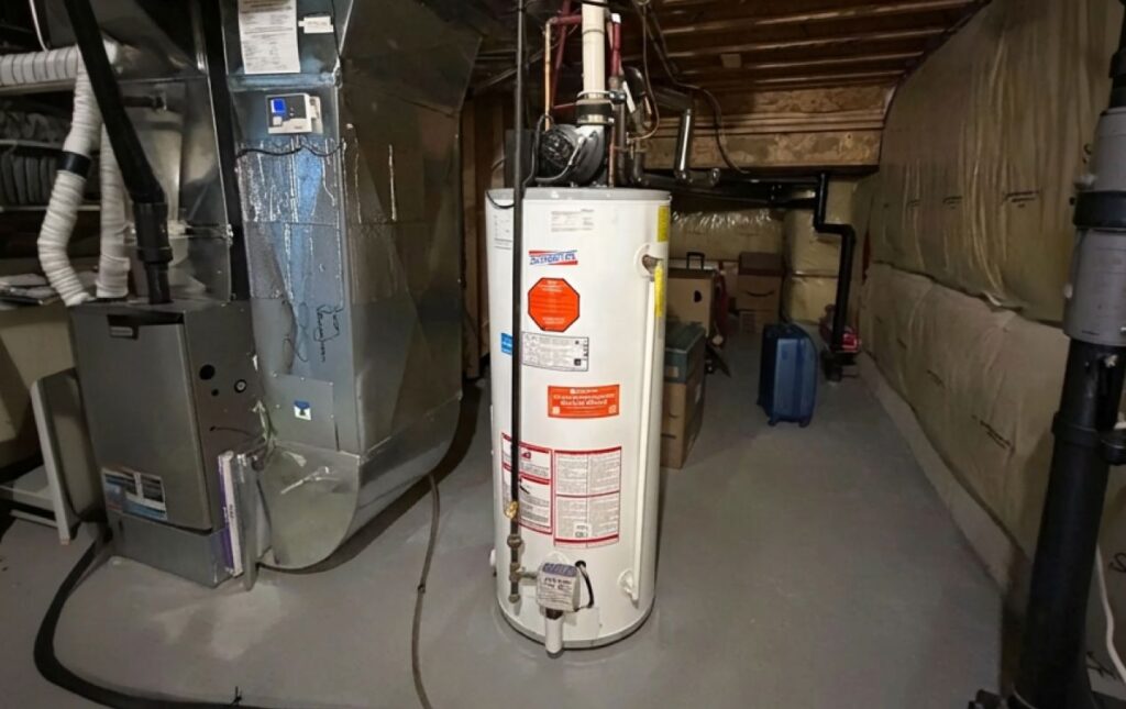 Superior Plumbing & Heating expert installing a gas tank water heater in a residential basement with proper venting and safety connections