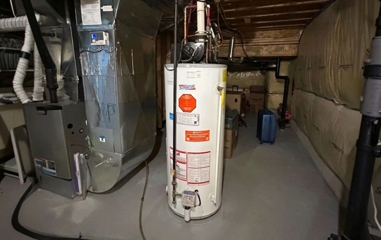 Superior Plumbing & Heating expert installing a gas tank water heater in a residential basement with proper venting and safety connections