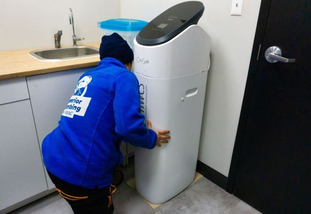 Superior Plumbing & Heating expert Water Softener Installation of a high-efficiency white cabinet unit by a professional