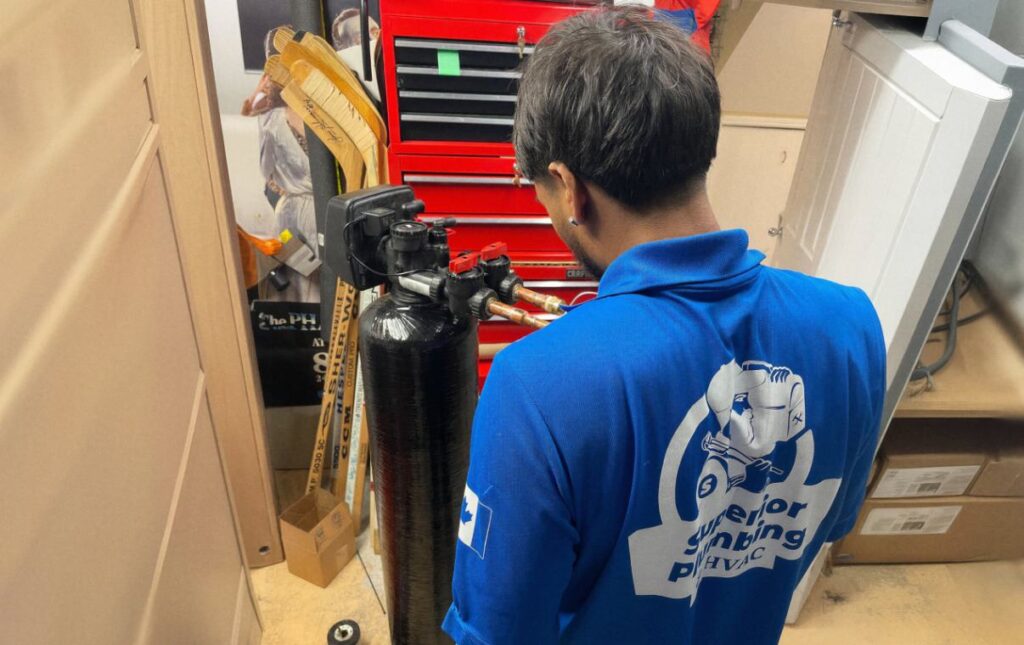 Superior Plumbing & Heating professional technician performing a Water Softener Replacement of a black media tank