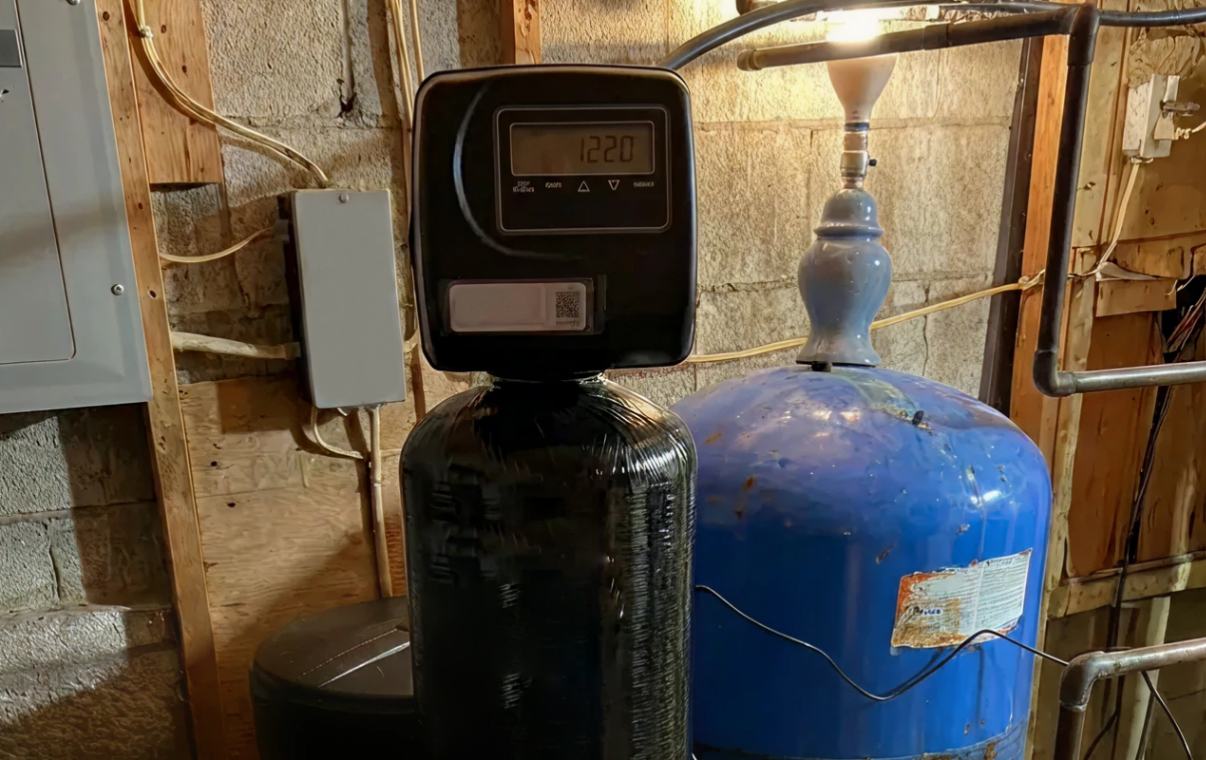 Superior Plumbing & Heating expert Water Softener Repair of a digital control head on a black resin tank next to a blue pressure tank
