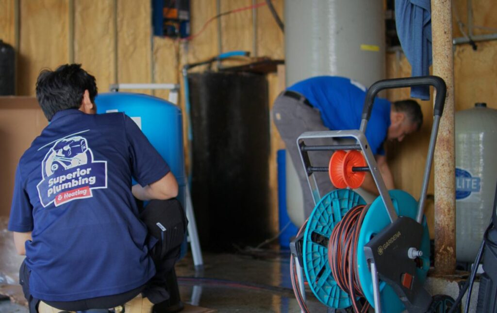 Superior Plumbing & Heating team preparing specialized hoses and equipment for a well pump installation local