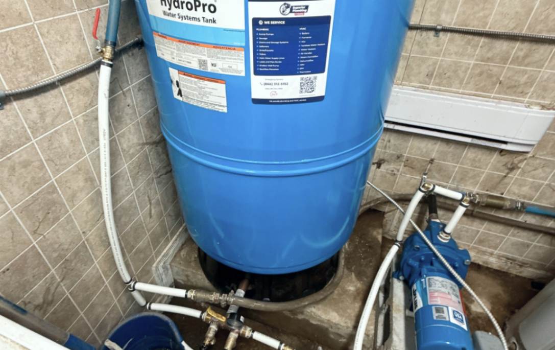 A new HydroPro water tank installed in a basement during a well pump installation local by Superior Plumbing & Heating