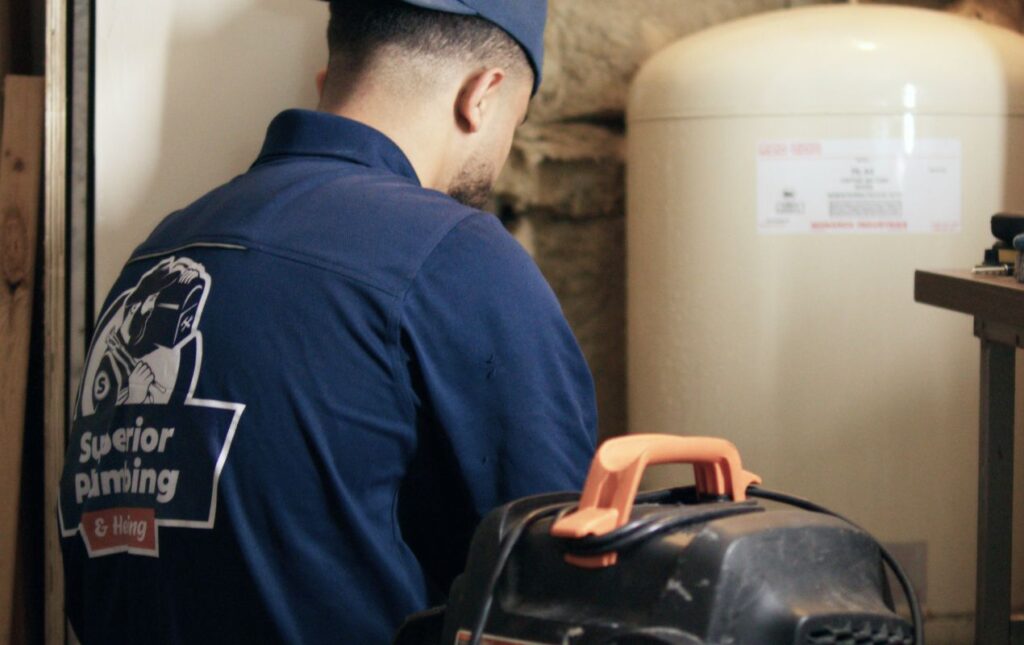 Expert performing well pump replacement local in a basement for Superior Plumbing & Heating.