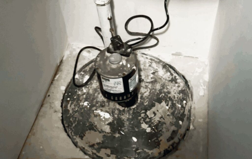 Alt: Old pump unit on a sealed lid needing sump pump repair local by Superior Plumbing & Heating.