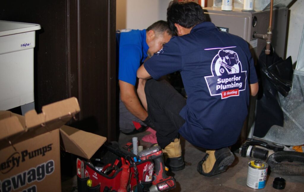 Two experts from Superior Plumbing & Heating performing a residential Sump pump installation local.
