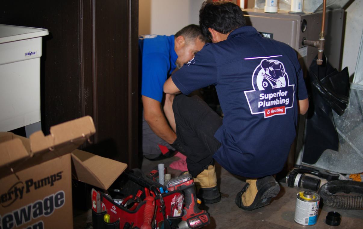 Two experts from Superior Plumbing & Heating performing a residential Sump pump installation local.