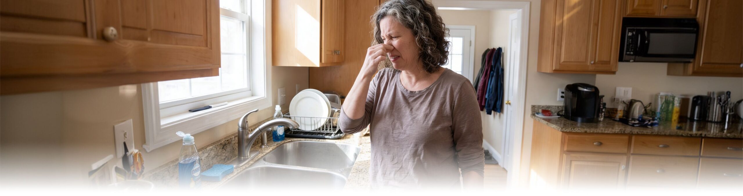 It smells like a sewer; the woman covers her nose