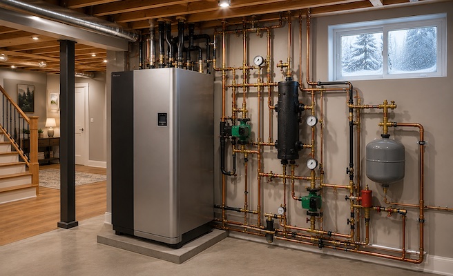 Geothermal heat pump system installed in a Canadian home