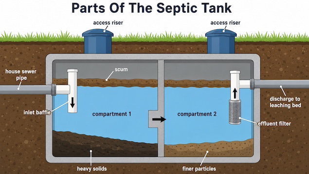 Cutaway diagram of a two-compartment septic tank