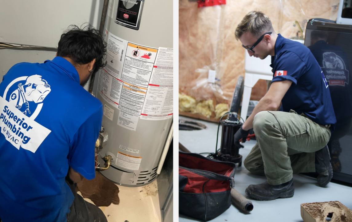 Plumber checking a leak at the base of a gas water heater, and a technician inspecting a sump pump in a basement