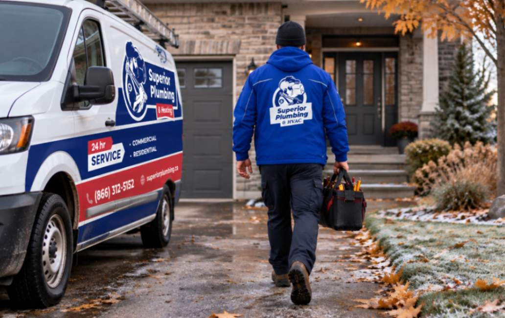 Technician walking up a frosty driveway with a tool bag toward a house for a winterization service call