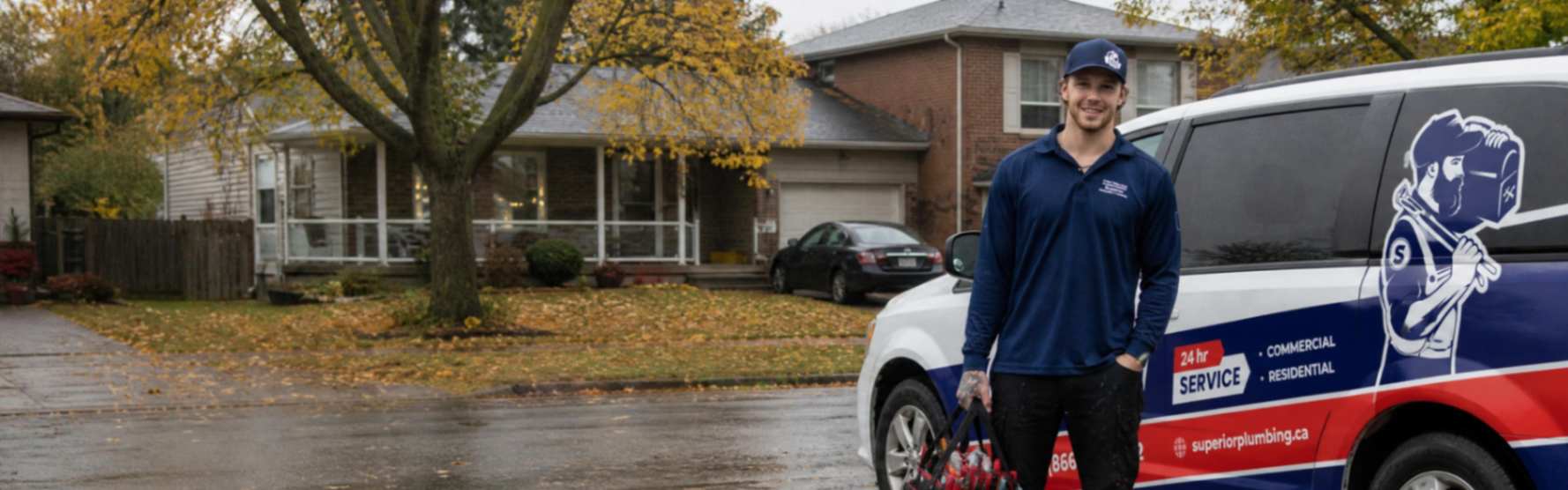 Superior Plumbing technician with a tool bag standing by a service van outside an Ontario home in the fall