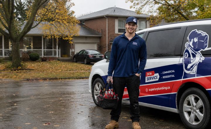 Superior Plumbing technician with a tool bag standing by a service van outside an Ontario home in the fall